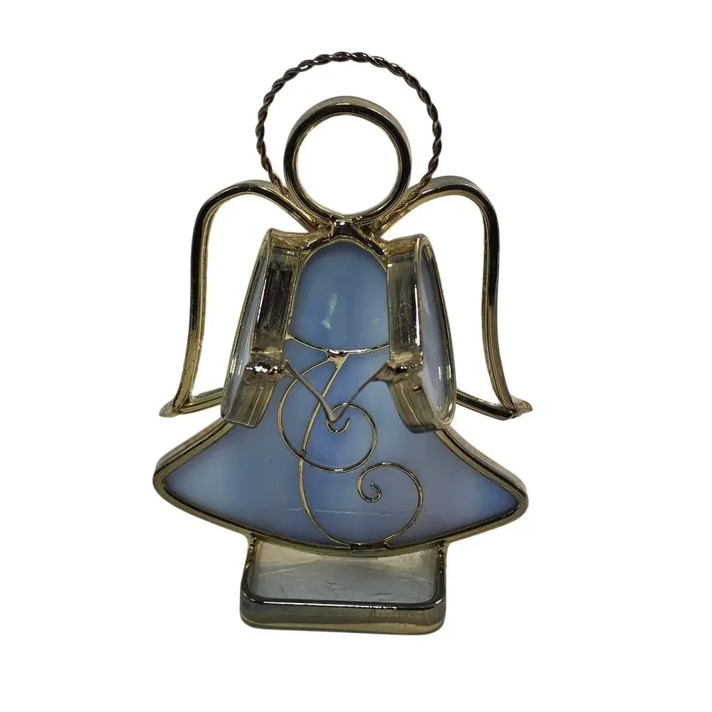 Stained Glass Angel Figurines Trio Brass Trim Christmas Decor Set, Vintage